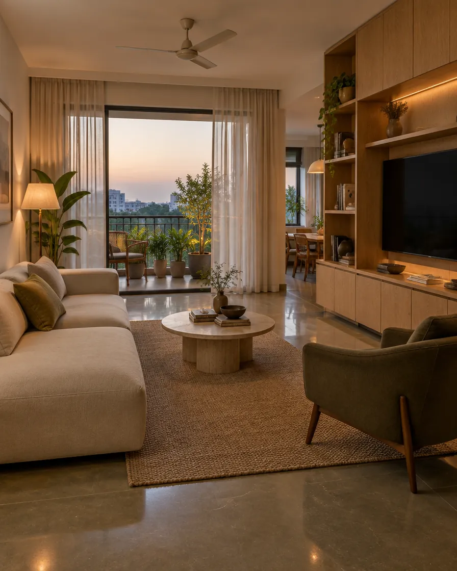 Apartment living room with a built-in oak storage wall and an olive chair