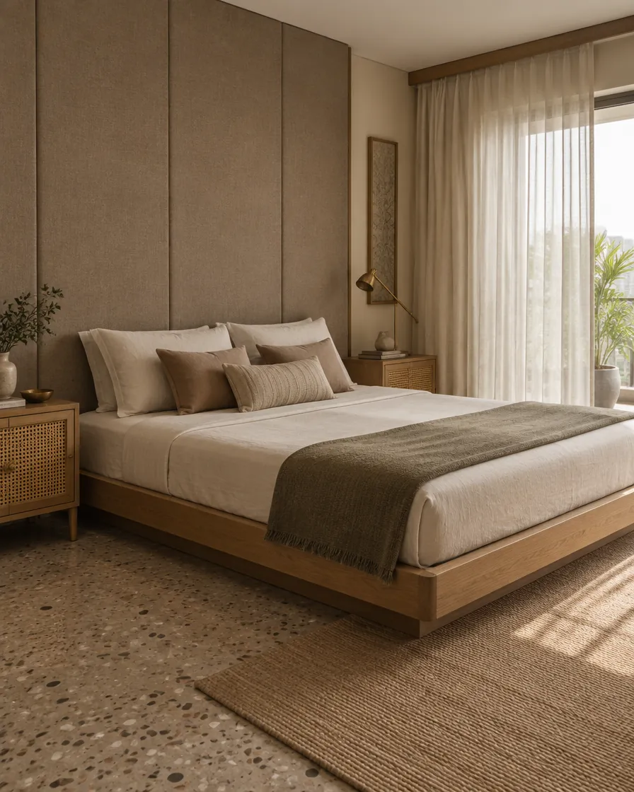 Calm bedroom with an oak platform bed, linen bedding and a terrazzo floor