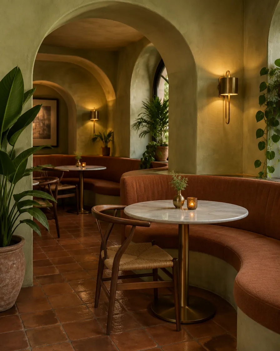 Cafe with lime plaster arches, a rust banquette and terracotta tiles