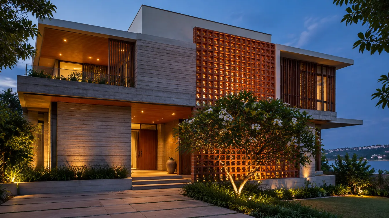 Contemporary villa exterior at dusk with a glowing brick jaali screen