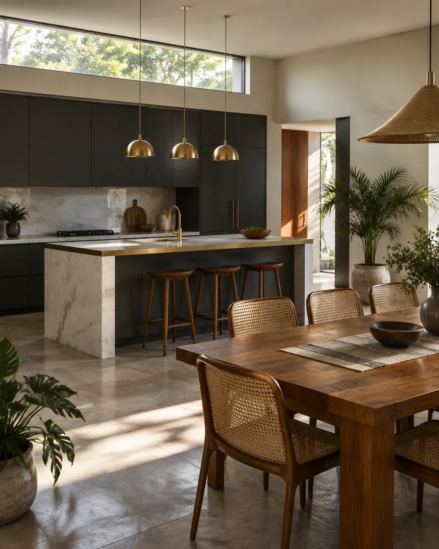 Kitchen with charcoal cabinetry, a marble island and a sheesham dining table with cane chairs