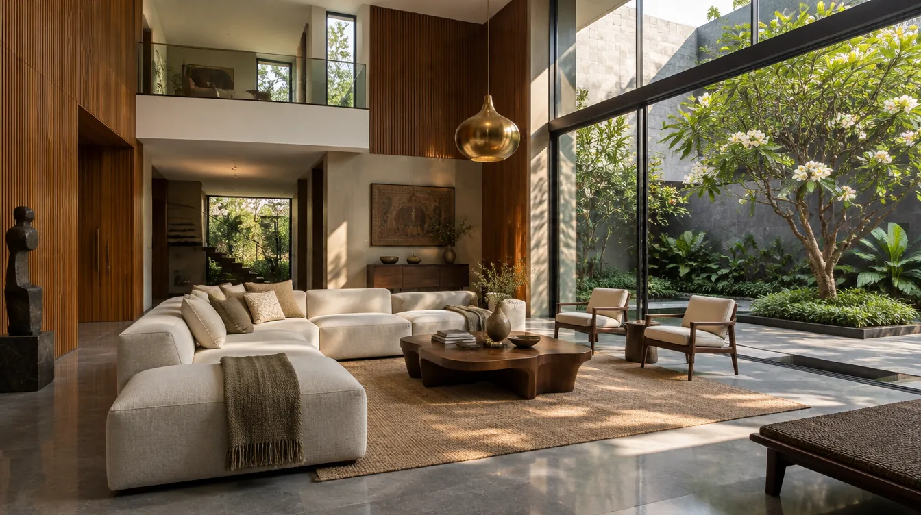 Double-height living room with Kota stone floor, teak fluted walls and a glass wall to a courtyard