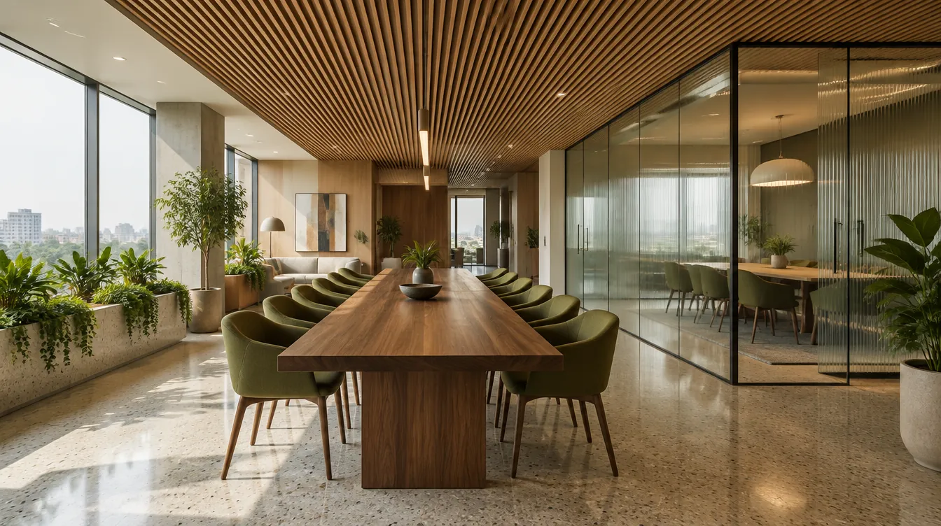 Office with an oak slatted ceiling, terrazzo floor and a long walnut table
