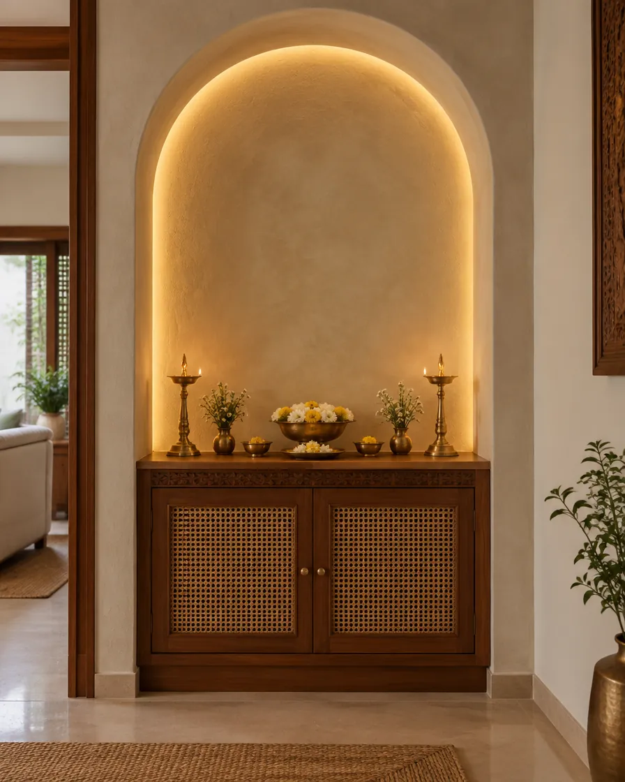Pooja niche with a lit arched recess and a cane-front teak cabinet