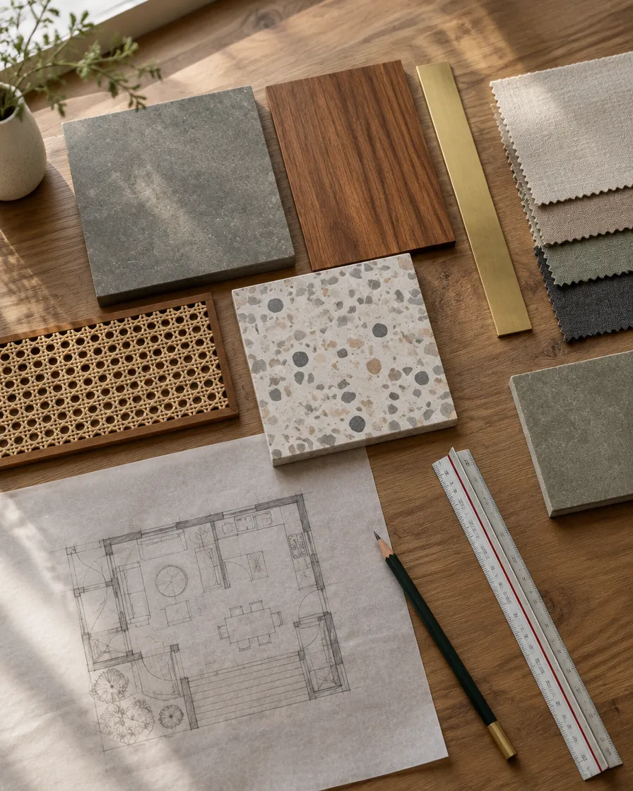 Material board with Kota stone, teak, brass, linen, cane and terrazzo samples
