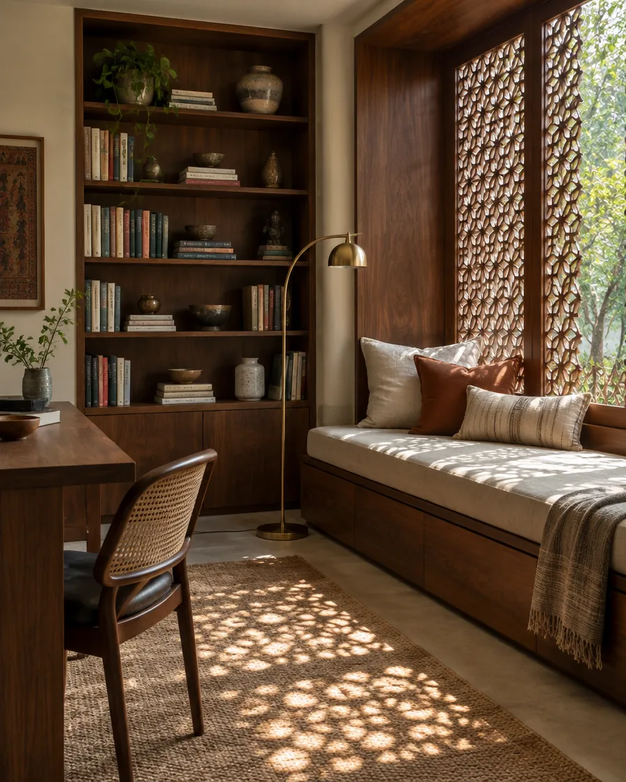 Study with walnut shelving and a window seat behind a jaali screen